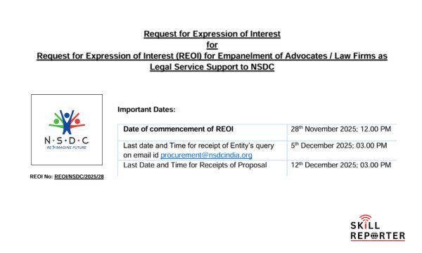 NSDC Invites EOI From Advocates Law Firms For Legal Services Support; read more at skillreporter.com
